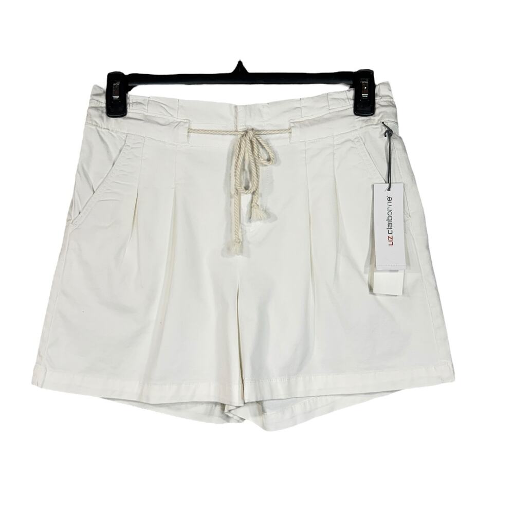 Liz Claiborne SZ 4 Paperbag Shorts Pleated Zip-Fly Stretch Pockets Hi-Rise White